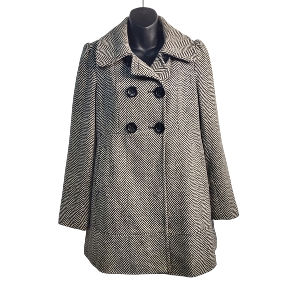 Vintage Guess Women's Pea Coat Black White Chevron Double Breasted Coat Size M - Picture 1 of 11